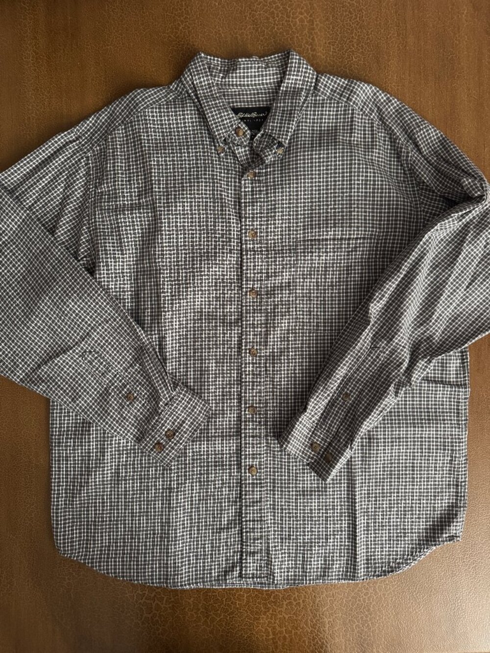 Eddie Bauer Long Sleeve Button Dress Shirt Black White Small Plaid Size Large Lg